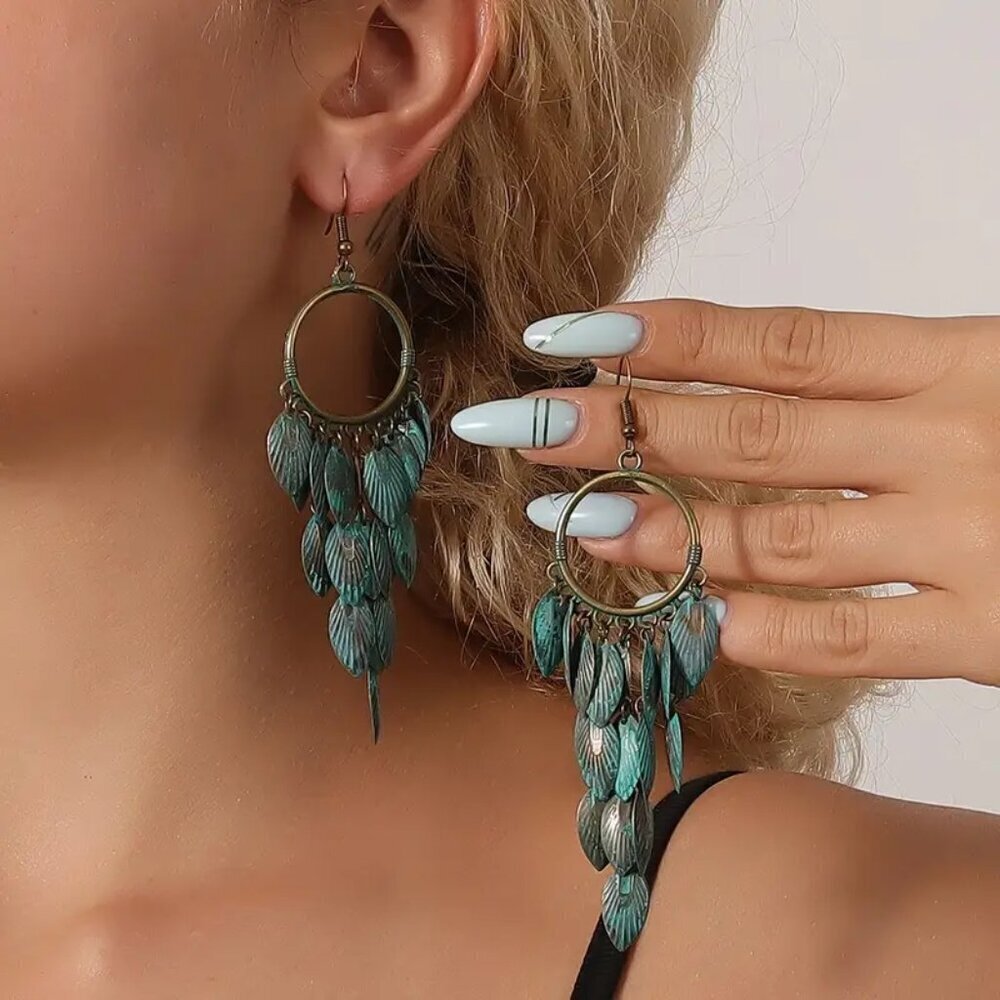 NEW pair BOHO tassel turquoise and bronze earrings, trendy vintage jewelry